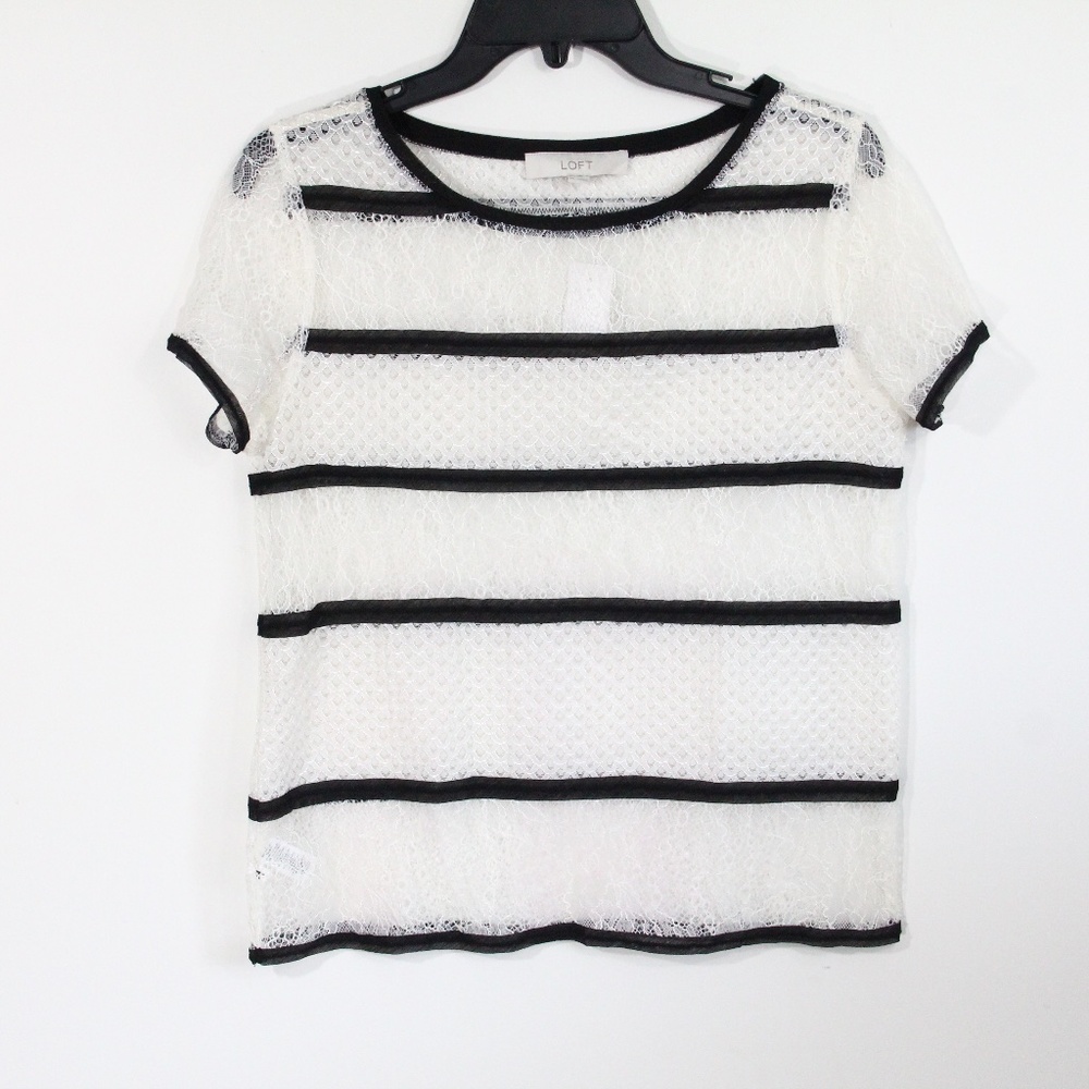 Women Sheer Lace Top XS New Loft Blouse Nautical Striped short sleeve Shirt
